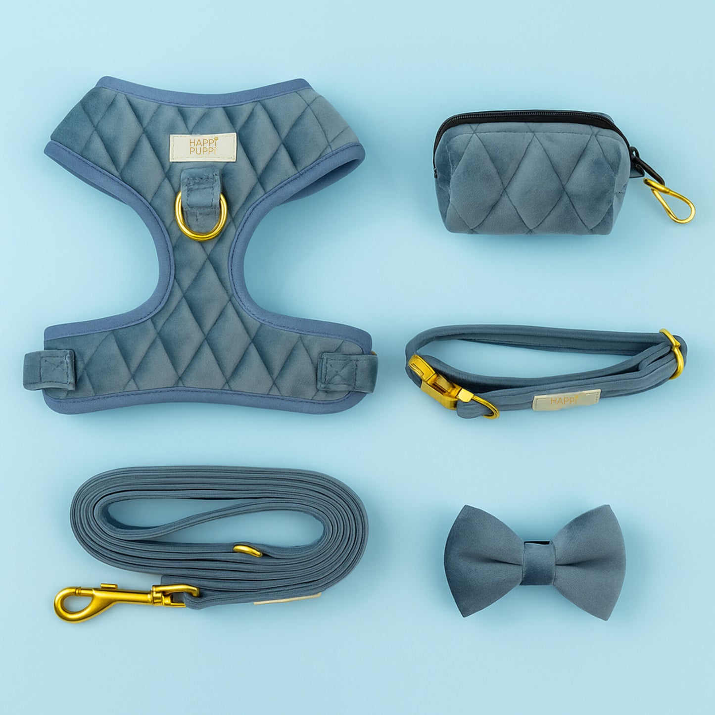 Happi Puppi Kit (Arnés, Leash, Poop Bag, Collar y Lazo) - Azul